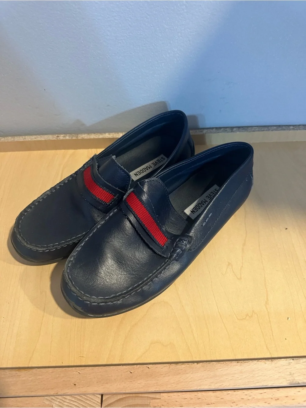 Steve Madden Navy Leather Kids Slip-On Loafers with Red Accent